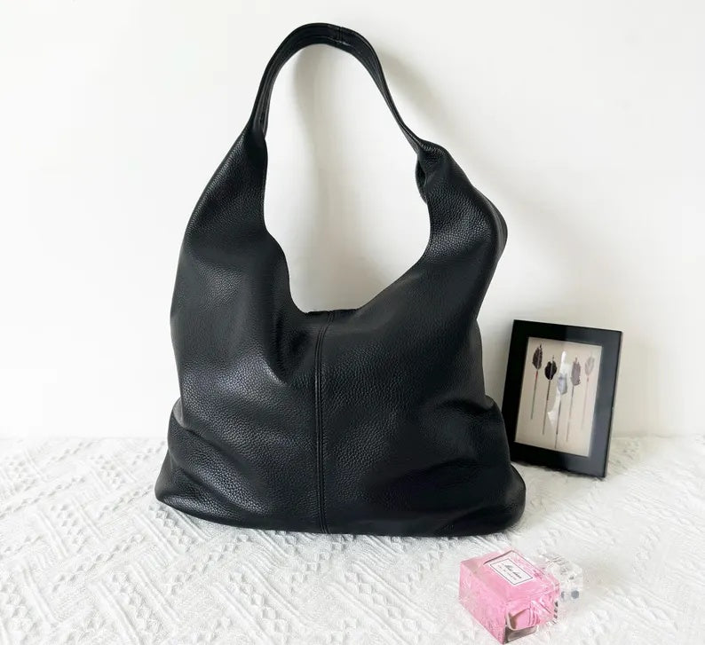 Genuine Leather Slouchy Shoulder Bag – Large Capacity Minimalist Hobo Tote & Everyday Casual Handbag