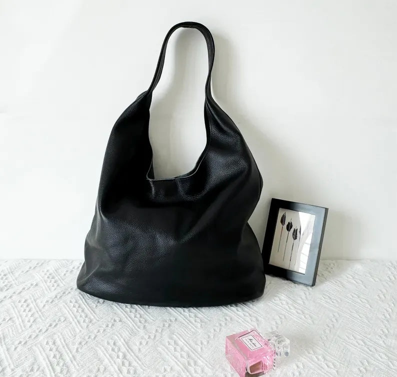 Genuine Leather Slouchy Shoulder Bag – Large Capacity Minimalist Hobo Tote & Everyday Casual Handbag