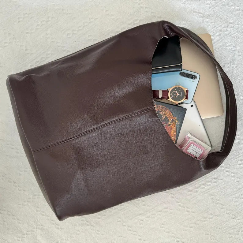 Genuine Leather Slouchy Shoulder Bag – Large Capacity Minimalist Hobo Tote & Everyday Casual Handbag