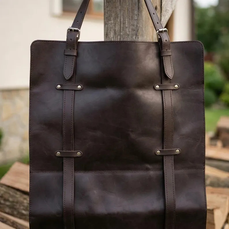 Premium Genuine Leather Firewood Carrier & Log Tote Bag