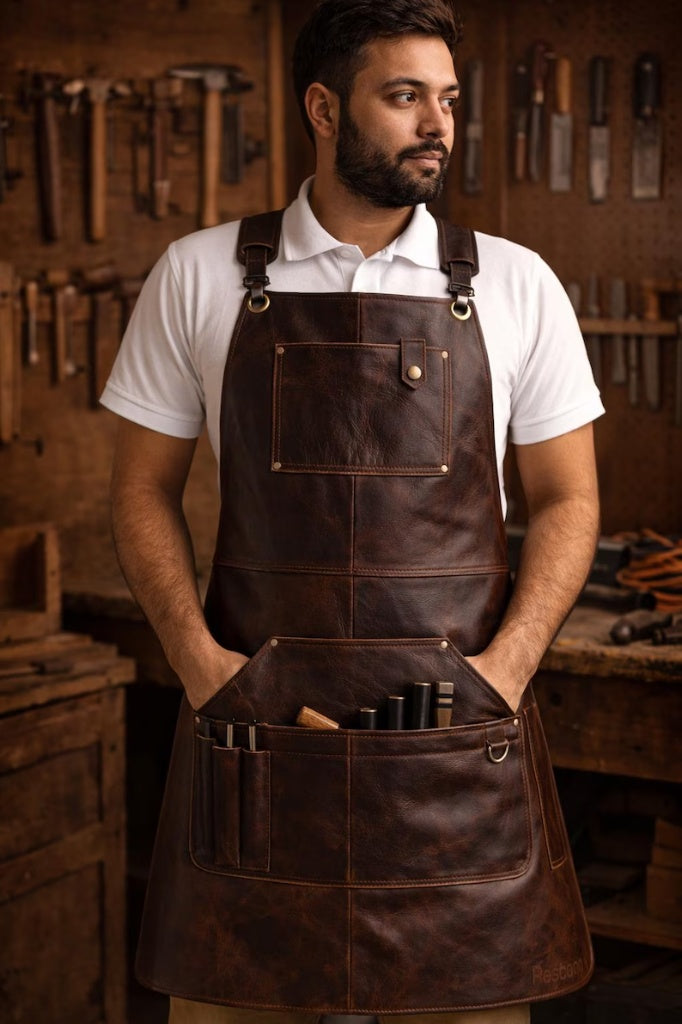 Handcrafted Genuine Leather Work Apron – Heavy Duty Adjustable Shop Apron with Multi-Tool Pockets & Brass Hardware for Woodworking, Barbecuing, Leathercraft, & Bartending