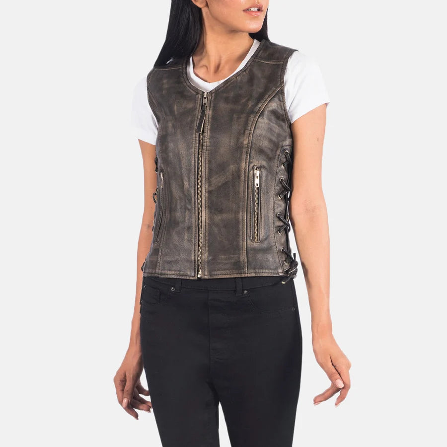 Women's Distressed Brown Leather Biker Vest