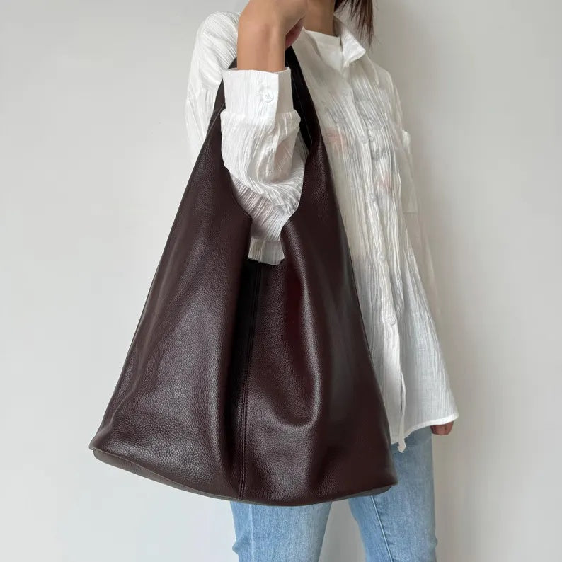 Genuine Leather Slouchy Shoulder Bag – Large Capacity Minimalist Hobo Tote & Everyday Casual Handbag