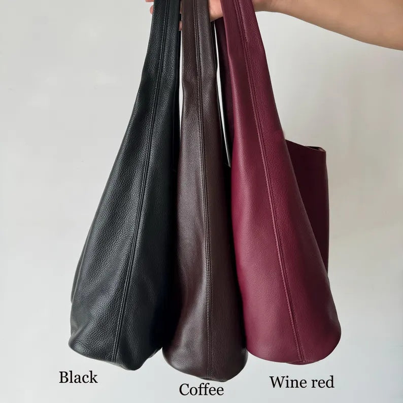 Genuine Leather Slouchy Shoulder Bag – Large Capacity Minimalist Hobo Tote & Everyday Casual Handbag