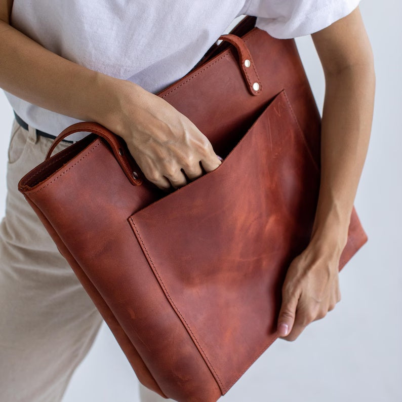 Handmade Leather Tote Bag with Zipper Closure & Removable Crossbody Strap – Versatile Everyday Work & Travel Purse
