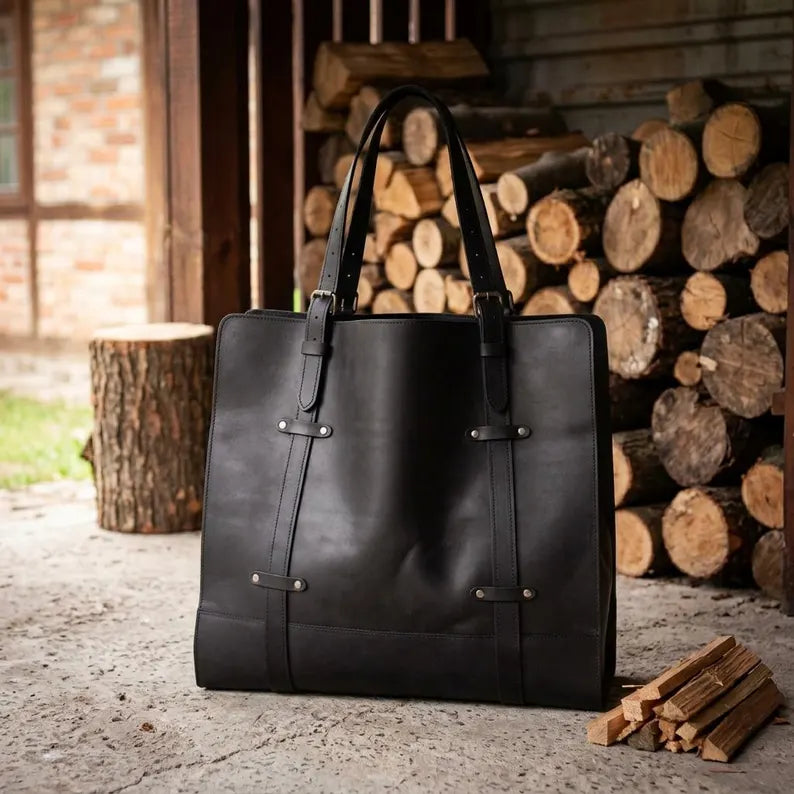 Premium Genuine Leather Firewood Carrier & Log Tote Bag