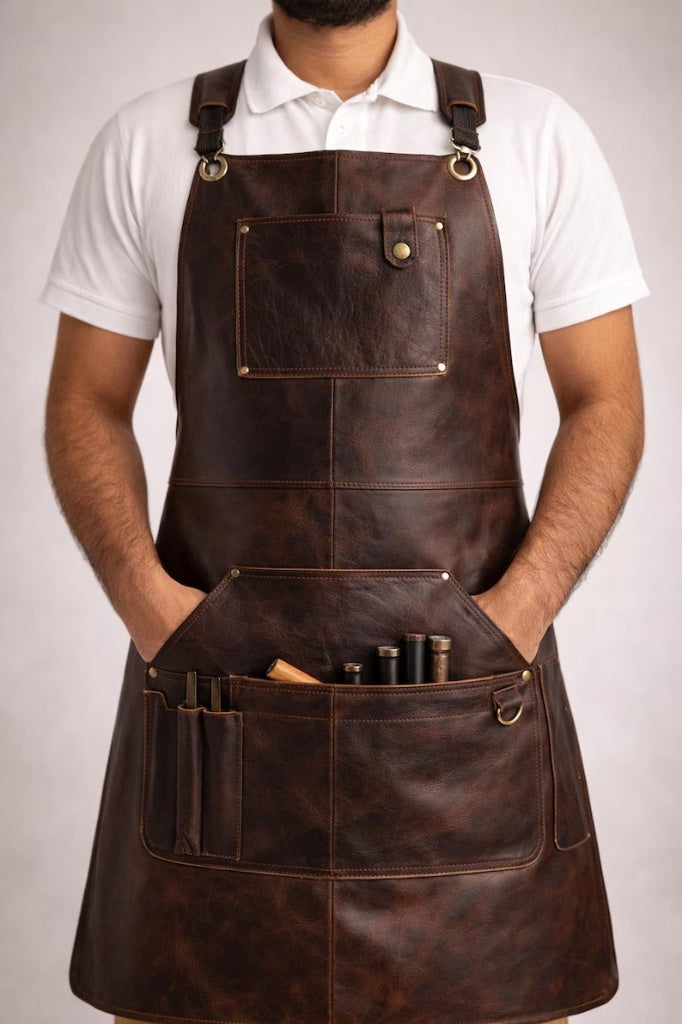 Handcrafted Genuine Leather Work Apron – Heavy Duty Adjustable Shop Apron with Multi-Tool Pockets & Brass Hardware for Woodworking, Barbecuing, Leathercraft, & Bartending