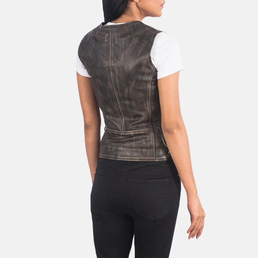 Women's Distressed Brown Leather Biker Vest