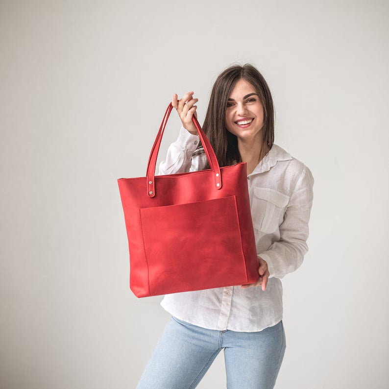 Handmade Leather Tote Bag with Zipper Closure & Removable Crossbody Strap – Versatile Everyday Work & Travel Purse