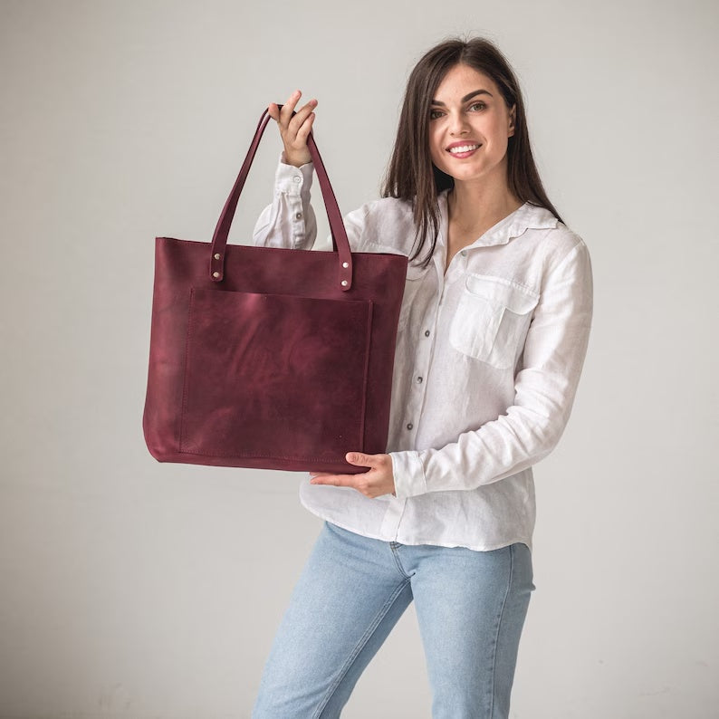 Handmade Leather Tote Bag with Zipper Closure & Removable Crossbody Strap – Versatile Everyday Work & Travel Purse