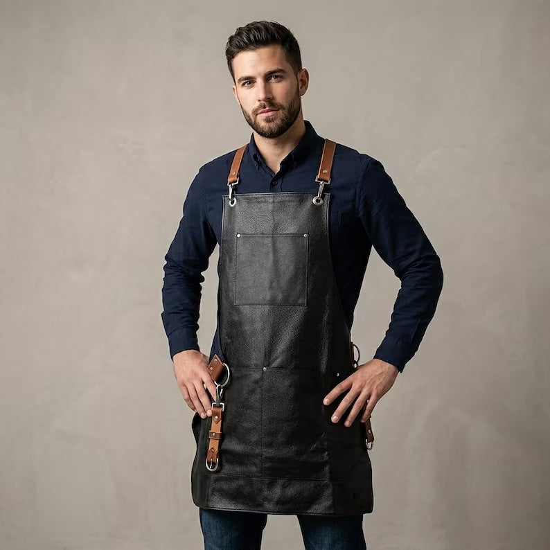 Premium Black Genuine Leather Work Apron – Cross-Back Adjustable Straps with Tool Loops & Pockets