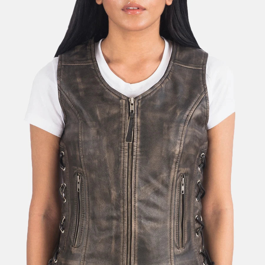 Women's Distressed Brown Leather Biker Vest