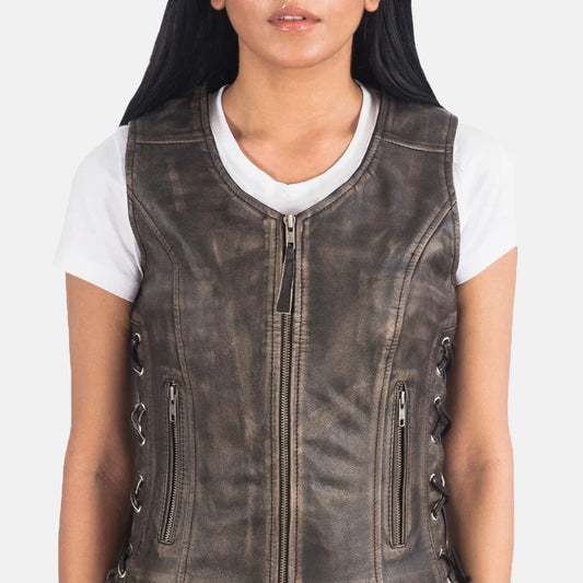Women's Distressed Brown Leather Biker Vest