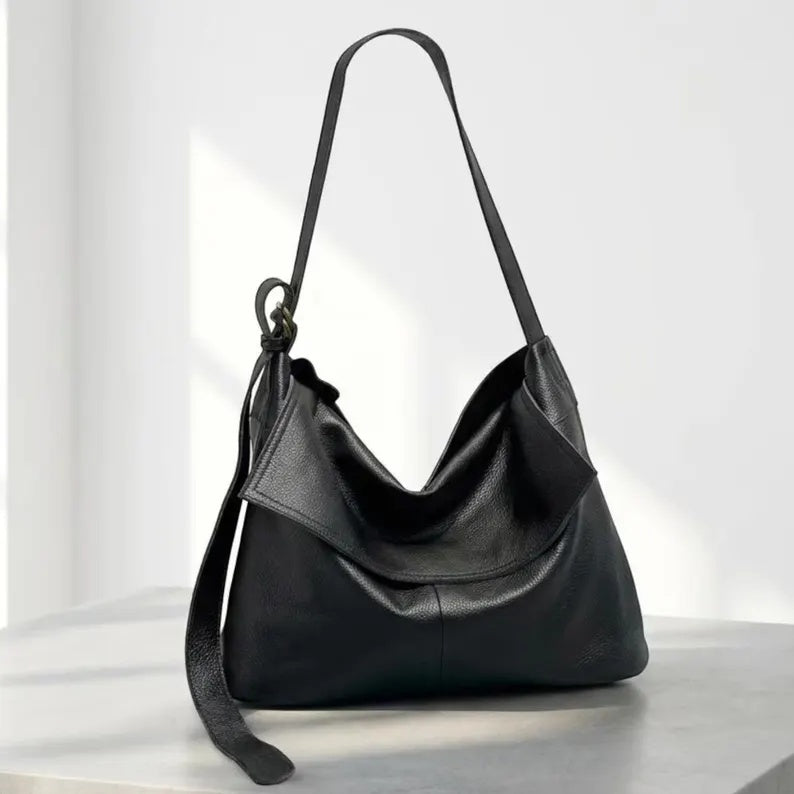 Genuine Leather Slouchy Hobo Shoulder Bag with Fold-Over Flap and Adjustable Strap