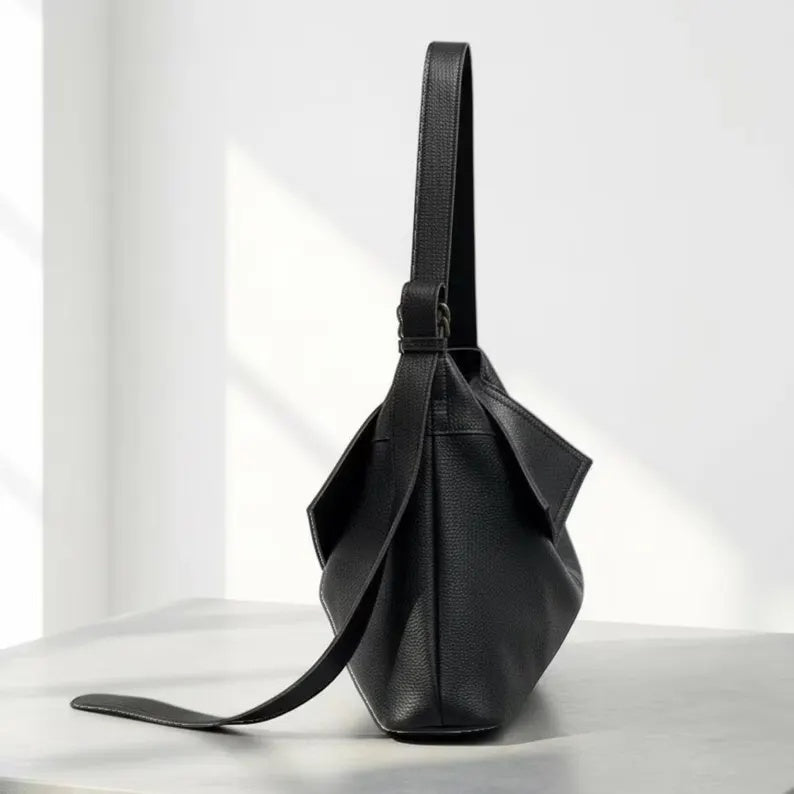 Genuine Leather Slouchy Hobo Shoulder Bag with Fold-Over Flap and Adjustable Strap