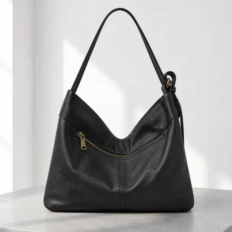 Genuine Leather Slouchy Hobo Shoulder Bag with Fold-Over Flap and Adjustable Strap
