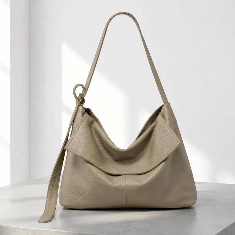 Genuine Leather Slouchy Hobo Shoulder Bag with Fold-Over Flap and Adjustable Strap