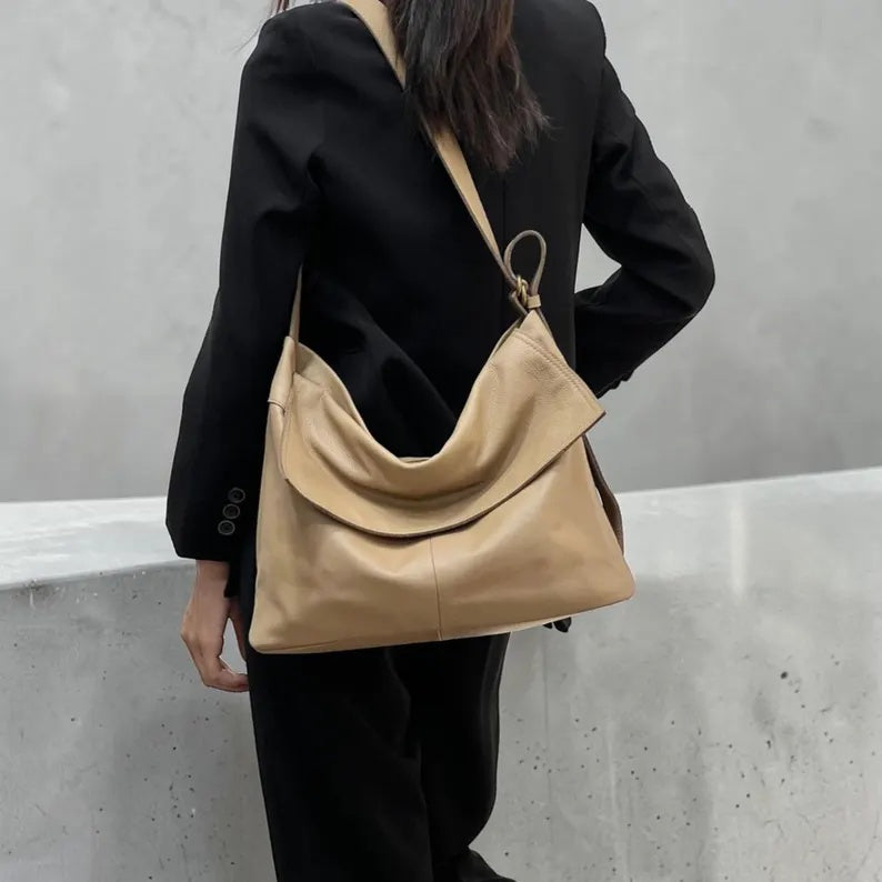 Genuine Leather Slouchy Hobo Shoulder Bag with Fold-Over Flap and Adjustable Strap