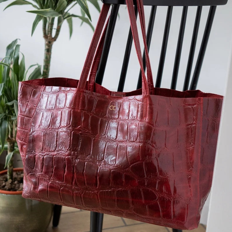 Wide Croc Tote in Green, Wine, Black