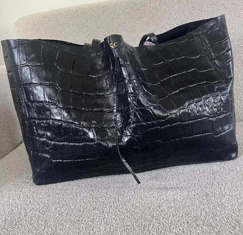 Wide Croc Tote in Green, Wine, Black