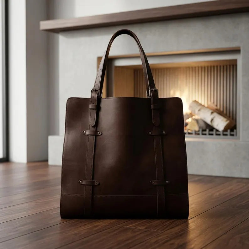 Premium Genuine Leather Firewood Carrier & Log Tote Bag