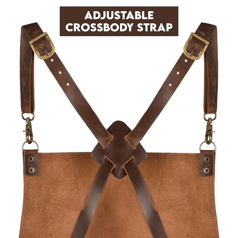 Heavy-Duty Full Grain Leather Work Apron – Adjustable Crossback Straps & Multi-Tool PocketsHandcrafted Real Leather Shop Apron for