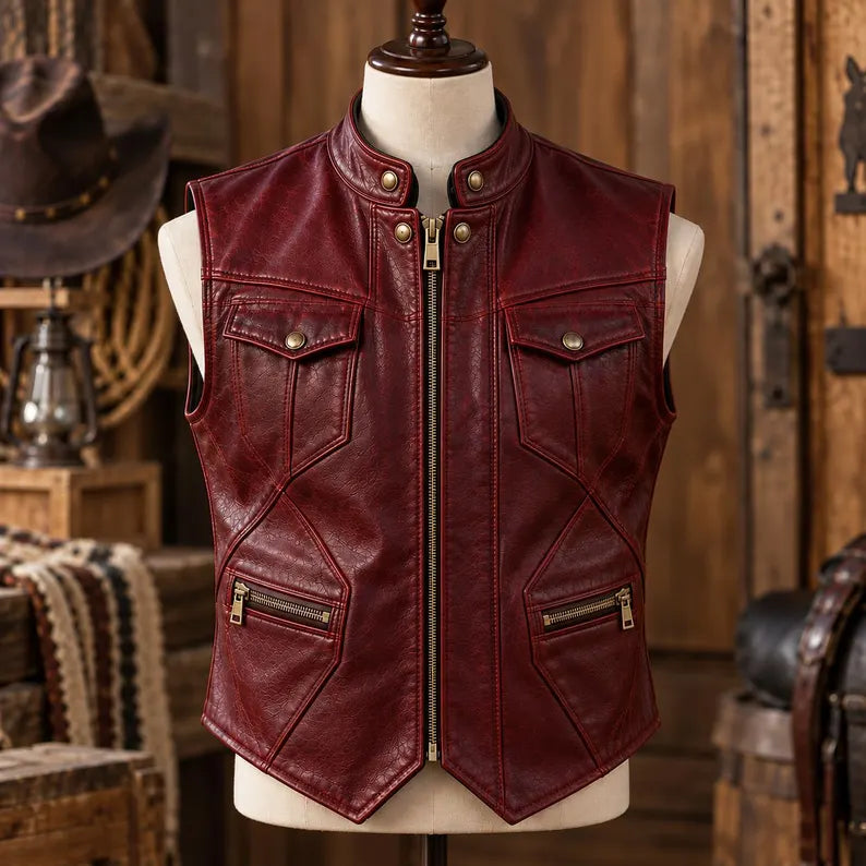 Men's Vintage Distressed Red Faux Leather Motorcycle Vest with Multi-Pockets  Classic Stand Collar Crimson Leather Biker Vest for Men  Men's Retro Western-Style Red Leather Waistcoat with Zipper and Snap Details
