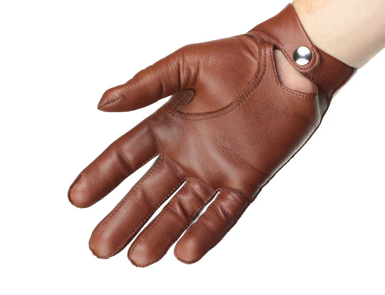 Men's Classic Brown Leather Driving Gloves with Snap Closure
