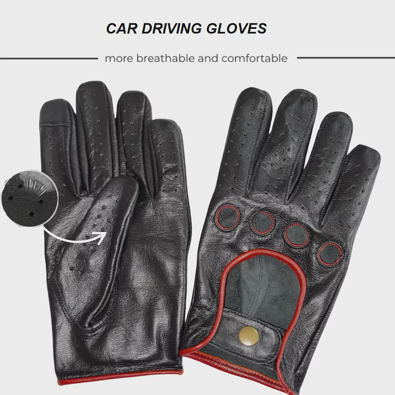 Men's Premium Black Leather Car Driving Gloves with Touchscreen Compatibility and Breathable Pores