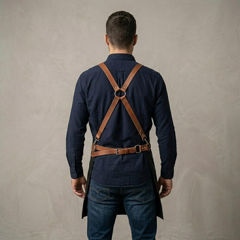 Premium Black Genuine Leather Work Apron – Cross-Back Adjustable Straps with Tool Loops & Pockets