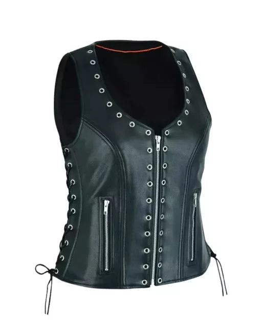 Women’s Black Leather Biker Vest with Eyelet Trim and Side Lacing