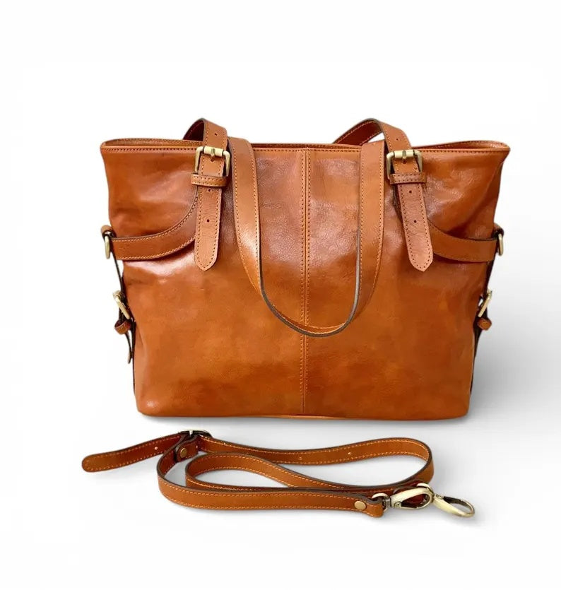 Vintage Leather Tote Bag with Convertible Shoulder & Crossbody Strap