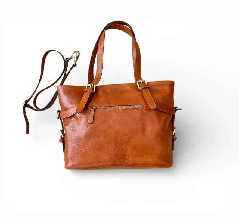 Vintage Leather Tote Bag with Convertible Shoulder & Crossbody Strap