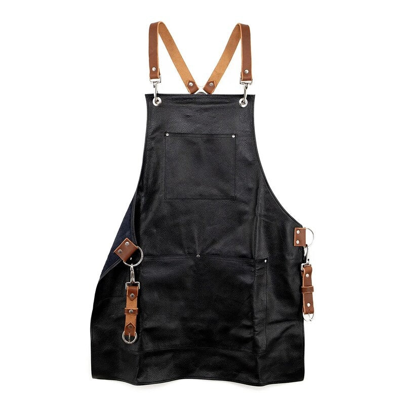 Premium Black Genuine Leather Work Apron – Cross-Back Adjustable Straps with Tool Loops & Pockets
