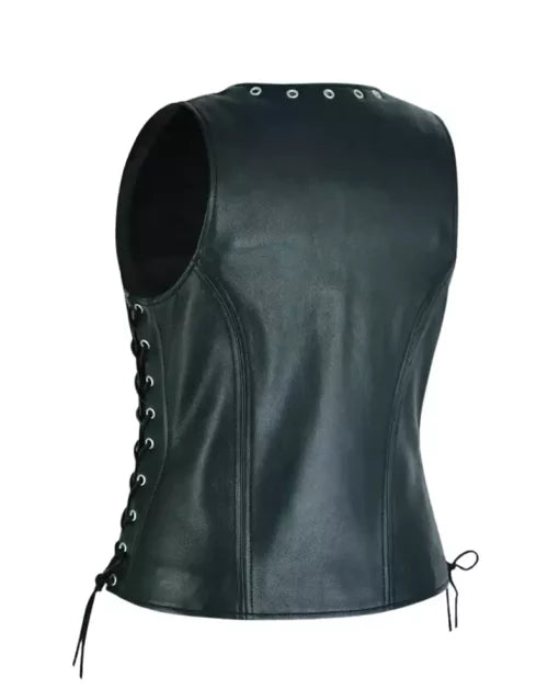 Women’s Black Leather Biker Vest with Eyelet Trim and Side Lacing