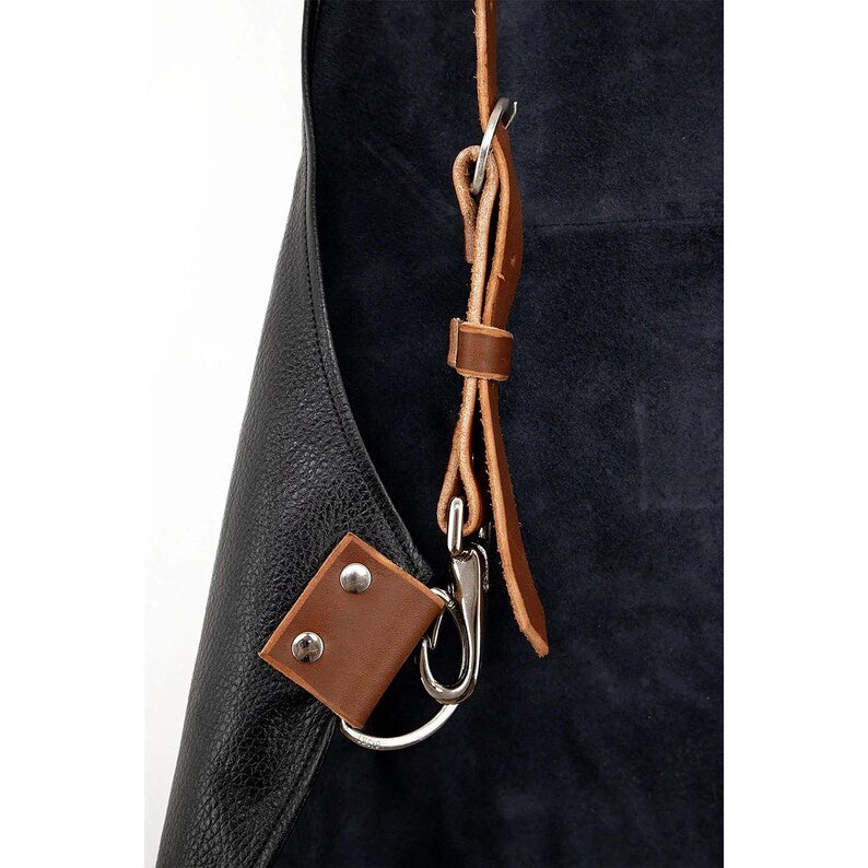 Premium Black Genuine Leather Work Apron – Cross-Back Adjustable Straps with Tool Loops & Pockets