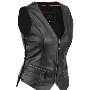 Women's Black Leather Motorcycle Vest with Side Laces and Zipper Pockets