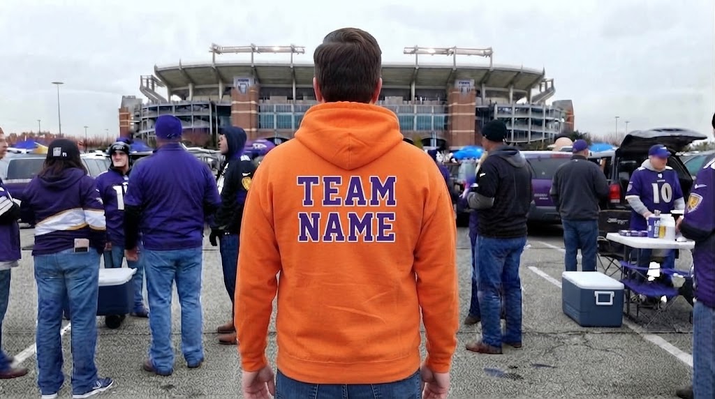 Fan in Baltimore Ravens Orange Hoodie Outside Stadium