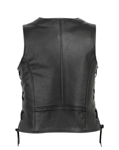 Women's Black Leather Motorcycle Vest with Side Laces and Zipper Pockets
