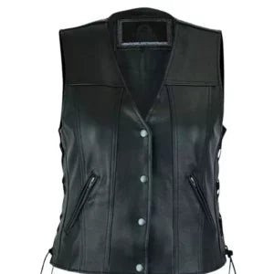 Women's Classic Black Leather Motorcycle Vest with Side Laces and Zipper Pockets