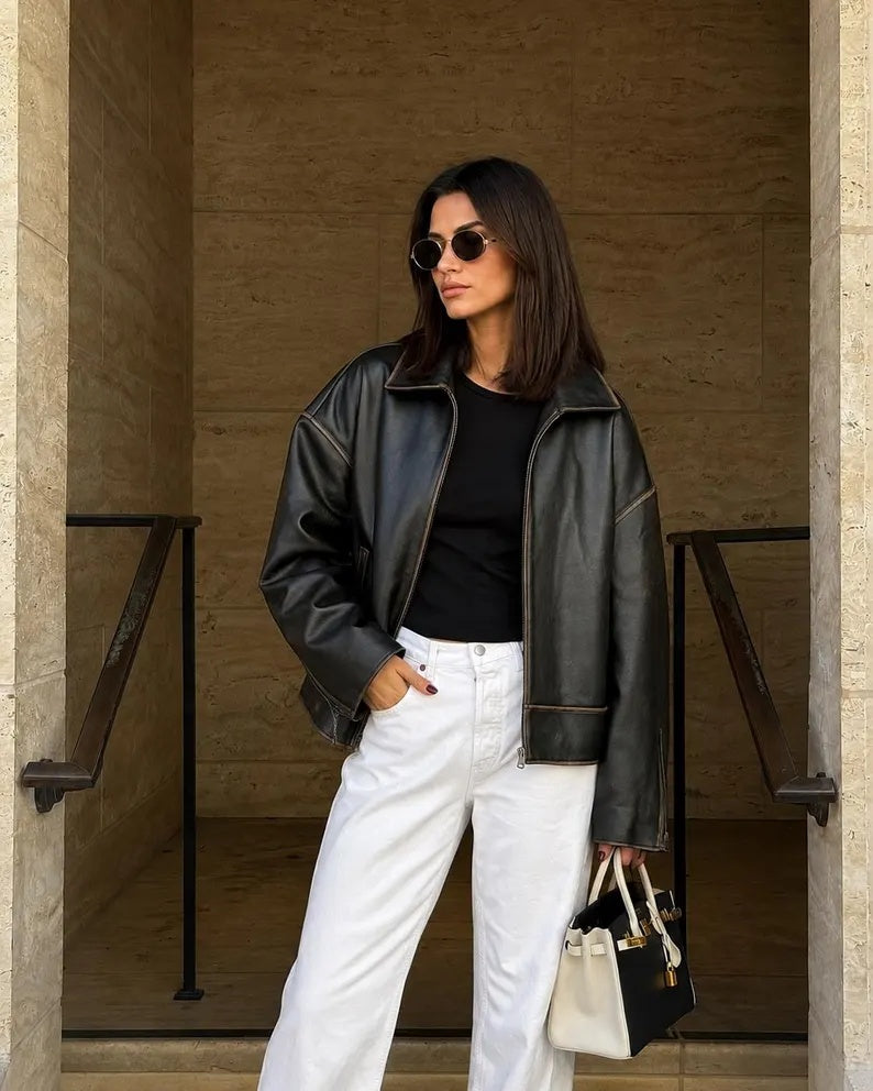 Chic Monochrome Street Style Look with an Oversized Leather Jacket