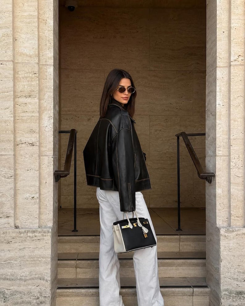 Chic Monochrome Street Style Look with an Oversized Leather Jacket