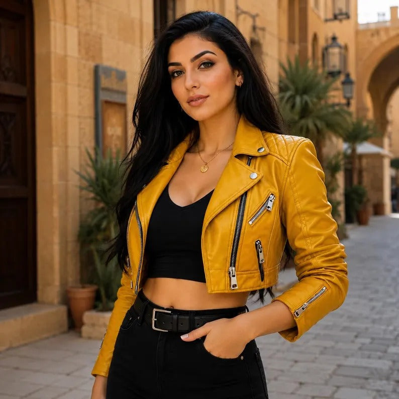 Bold Statement: Women's Cropped Yellow Leather Moto Jacket