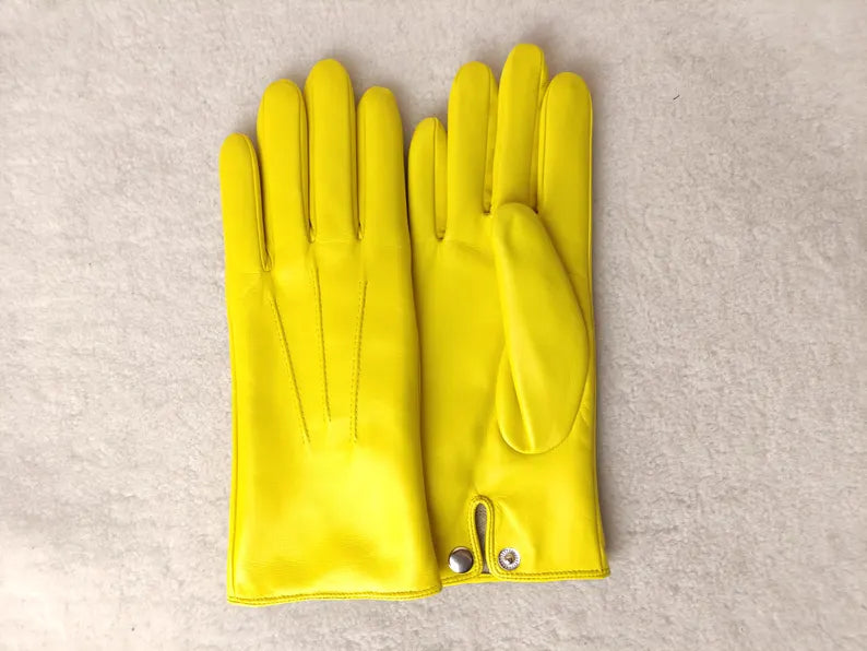 Vibrant Yellow Leather Dress Gloves with Snap Closure