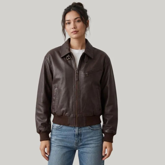 Women's Classic Leather Bomber Jacket with Ribbed Trim and Point Collar