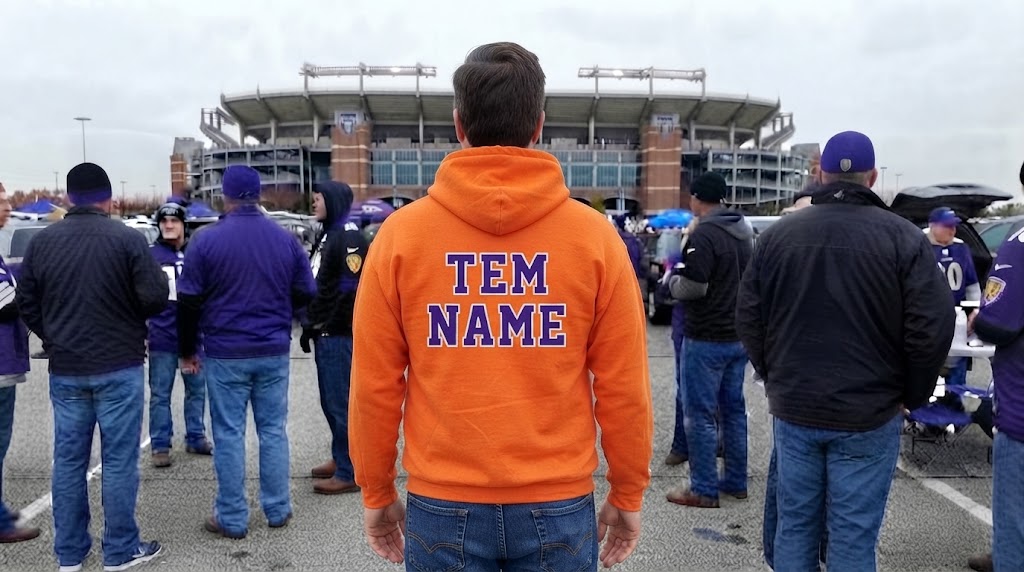 Fan in Baltimore Ravens Orange Hoodie Outside Stadium