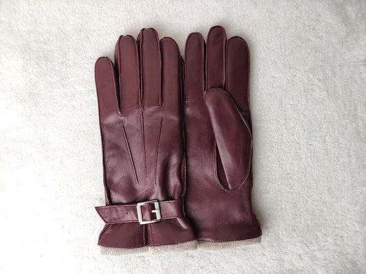Burgundy Leather Dress Gloves with Knit Cuffs and Buckle Detail