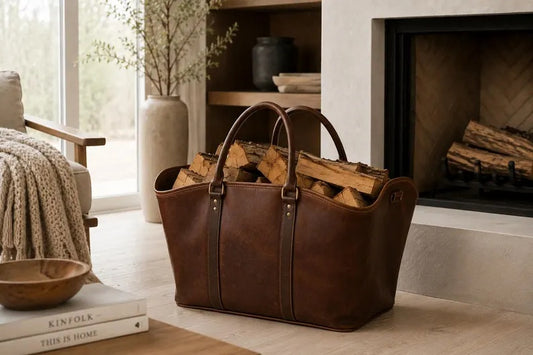 Premium Leather Log Carrier Tote Bag – Heavy-Duty Firewood Storage Basket & Holder with Reinforced Handles