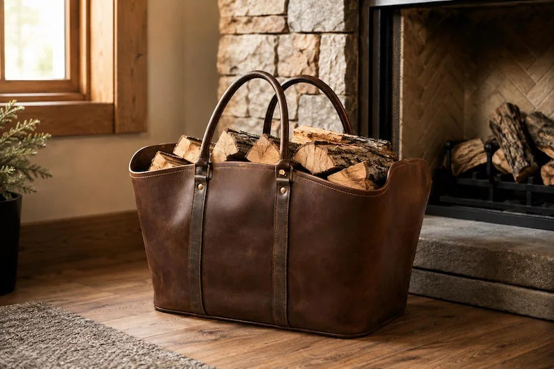 Premium Leather Log Carrier Tote Bag – Heavy-Duty Firewood Storage Basket & Holder with Reinforced Handles