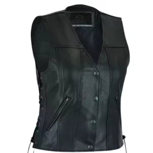 Women's Classic Black Leather Motorcycle Vest with Side Laces and Zipper Pockets